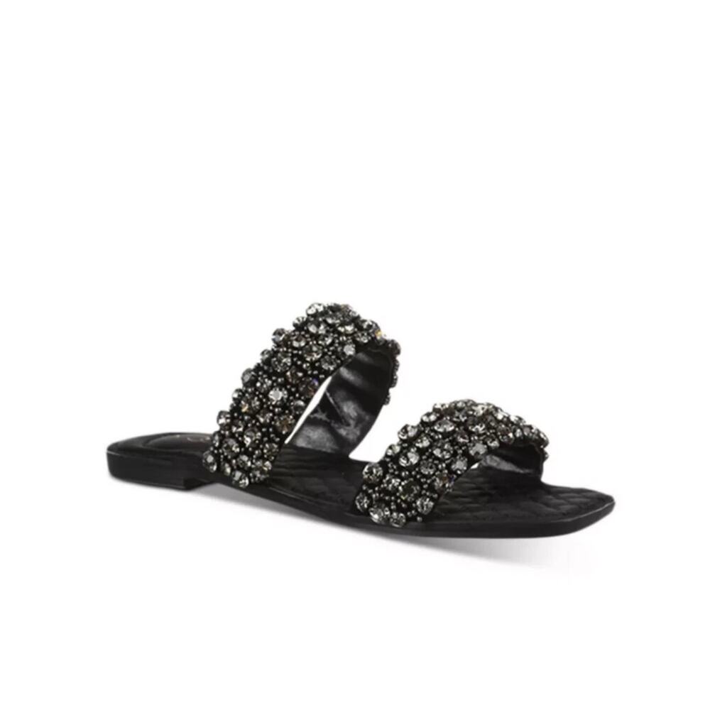Sam Edelman Ezel Black Squared Open Toe Embellished Slip On Flats Sandals